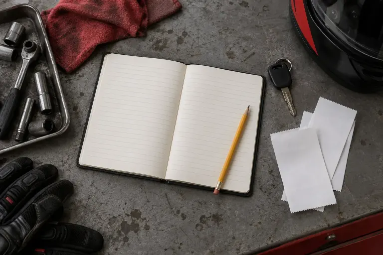 Ilustrasi buku servis kosong, kunci motor, dan nota tanpa tulisan.